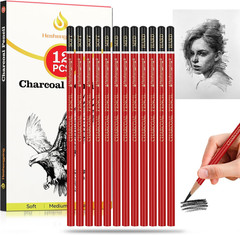 Professional Charcoal Pencils Drawing Set -12 Pieces Soft, Medium Hard Charcoal