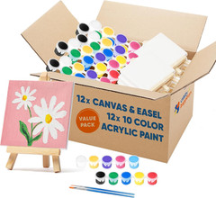 Mini Canvas and Easel Set with 10 Colors Acrylic Paint in Bulk Set of 12 – Kids