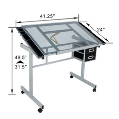 Adjustable Drafting Table Art Desk Drawing Table Glass Tabletop w/2 Slide Drawer