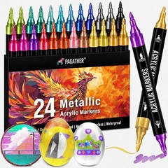 24 Metallic Acrylic Paint Markers – Paint Pens for Drawing, Brush + Fine Tips –