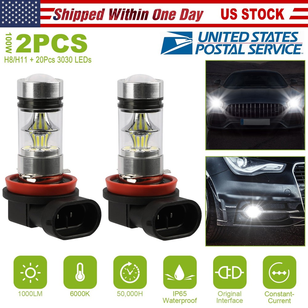 2PCS 1000lm 100W H8/H9/H11 LED Fog DRL Light Bulb IP65 Water-Resistant 360 Be…