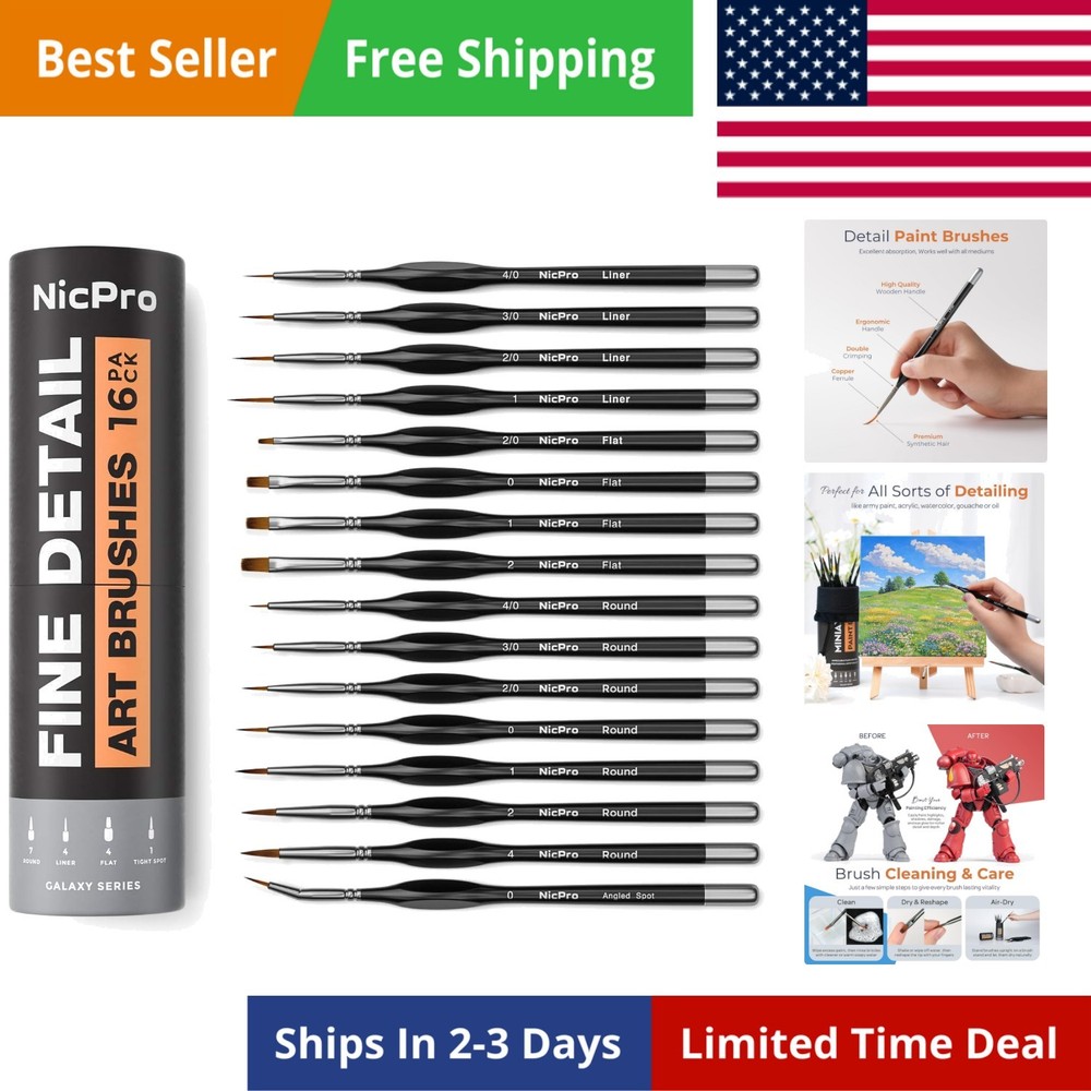 16 PCS Miniature Paint Brushes, Fine Tip Micro Model Detail Paint Brush Set f…