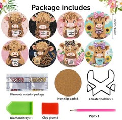 8 Pack Highland Cow Diamond Art Coasters Kit w/ Holder Cork Pads DIY Craft