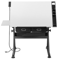 Adjustable Drafting Drawing Table Tiltable Tabletop w/ Stool & Outlet White