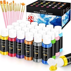 Rich Pigment Acrylic Paint Set: 24 Metallic Colors + 12 Brushes for Every Artist