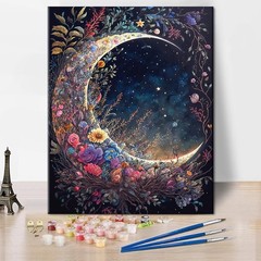 Moon Floral Adult Paint by Number Kit on Canvas, DIY Oil Painting, 16 x 20 Inch