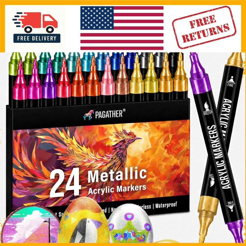 24 Metallic Acrylic Paint Markers – Paint Pens for Drawing, Brush + Fine Tips –