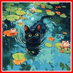 Black Cat Paint by Numbers Kit for Adults, Flowers Water Lilies Paint by 3-Cat