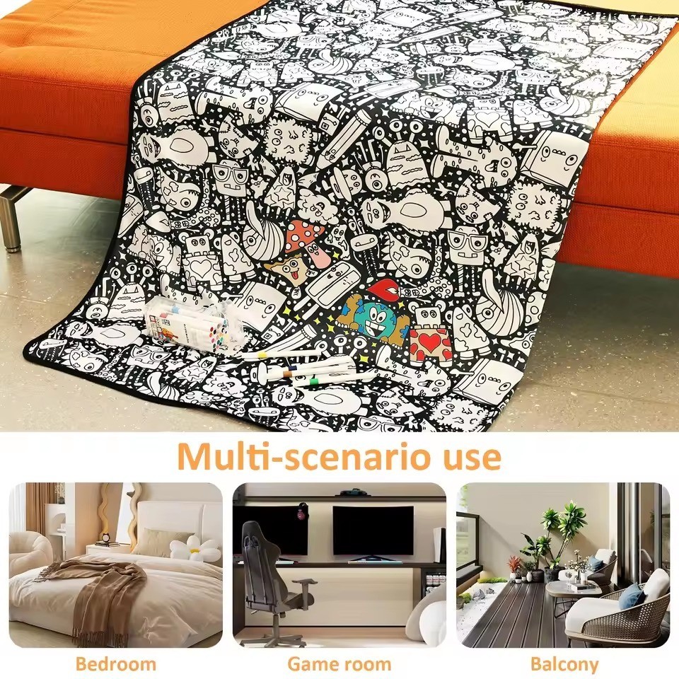 DIY Coloring Art Throw Blanket Washable Fabric Painting Mat 24 Marker Set
