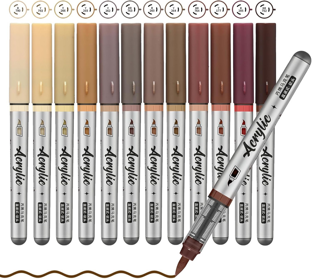 12 Color Acrylic Paint Pens Set with Brush Tips for Rock, Wood, Glass, Canvas DI