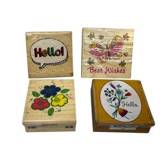 Block Printing Rubber Stamps Set 4 Pcs Wooden Mount Hello Butterfly Flowers Art