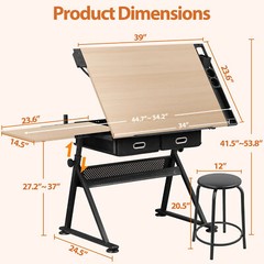 Drafting Drawing Table Tabletop Adjustable Height with Charge Outlet Natural