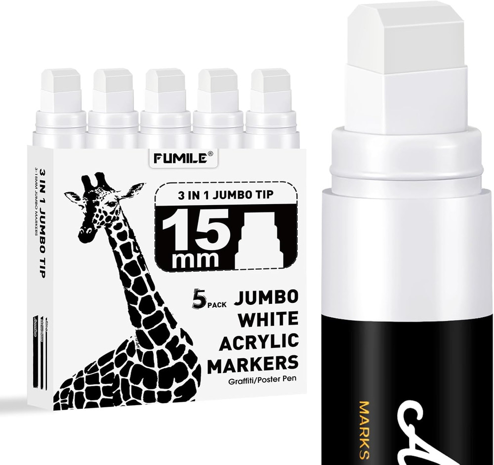 FUMILE 5 Pcs White Jumbo Poster Marker,15mm Wide Tip Thick Acrylic Paint Pen Pai
