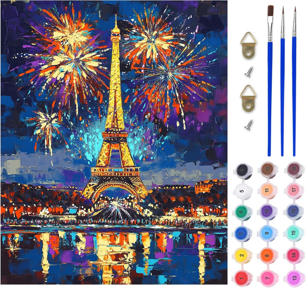 Eiffel Tower Paint by Numbers Kit for Adults, Night Sky Acrylic Paint by Numbers