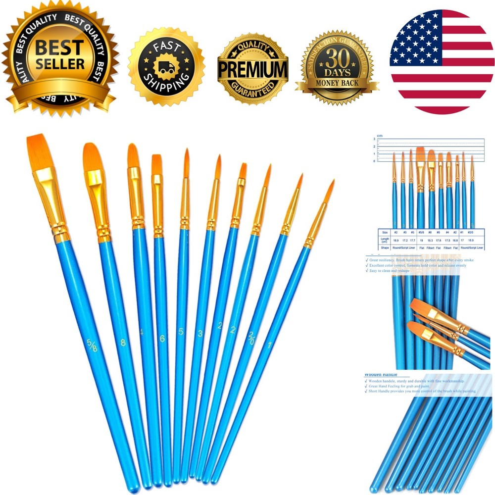 Paint Brush Set, 10pcs Round Pointed Tip Nylon Hair Artist Detail Paintbrushe…