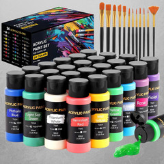 Acrylic Paint Set, 24 Colors (2 oz/Bottle) with 12 Art Brushes, Art Supplies for