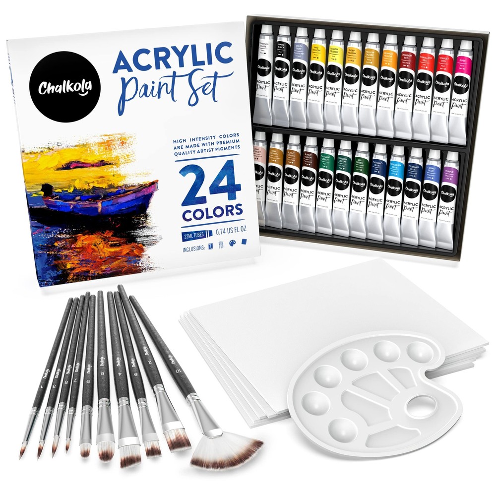 40 Acrylic Paint Set for Adults – 24 Colors, 10 Brushes, 5 Canvases 8×10