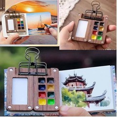 Mini Watercolor Kit, Mini Watercolor Paint Set, with 8 Grid Wood Paint Palett…