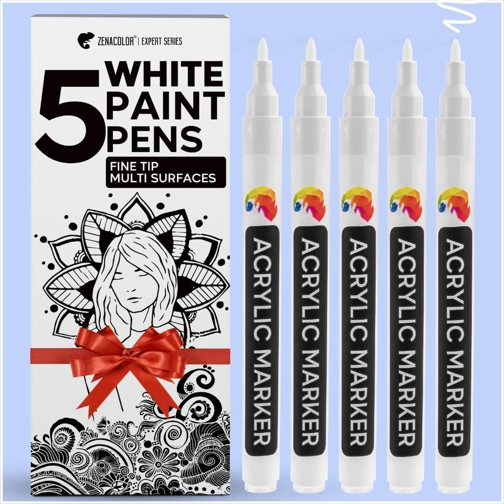Zenacolor Set of 5 White Acrylic Paint Pen Markers – Fine Tip for Precision