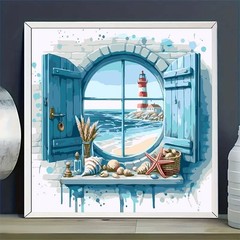 Beach Lighthouse Paint by Numbers Kit for Adults Oil on Canvas Full Drill Canvas