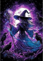 Witch Purple Haze w Crows or Ravens 5D Full Round Diamond Drill Gem Dot Art Kit