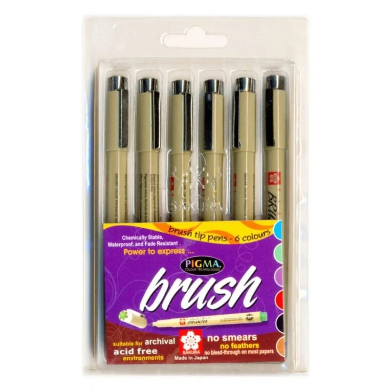 38061 Sakura Pigma Brush Art Drawing Pen Set, 1 Pack of 6 Colors
