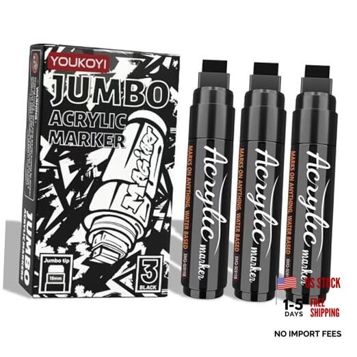 Jumbo Acrylic Paint Markers 3 Pack, 15mm Wide Tip Permanent Graffiti Black