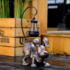 Laughing Dog Figurine with Solar-Powered LED Light 15.9 Inch Tall Bronze