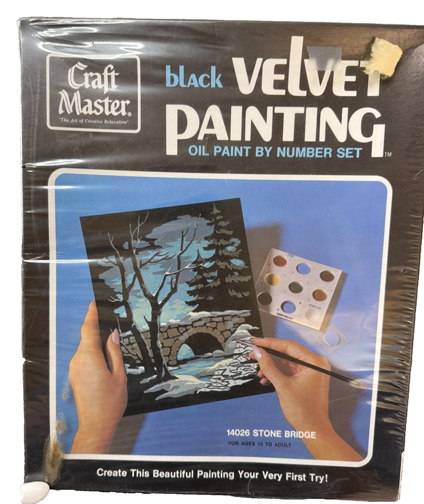 Craft Master Velvet Painting by Number set 1973 Never Opened #14026 Stone Bridge