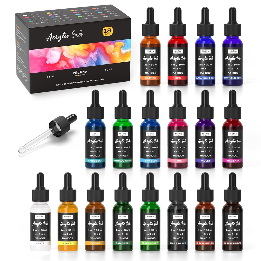 Nicpro 18 Colors Acrylic Ink, 1-oz(30ml) Bottle with 1 fl oz, 18