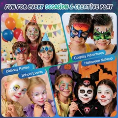 Water-Activated & Skin-Friendly 42 Color Face Paint Set with Stencils & Gems