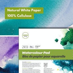 A4 Watercolor Pad, 12 Sheets, 300g/m 140 lb, 100 Cellulose, Cold Pressed White