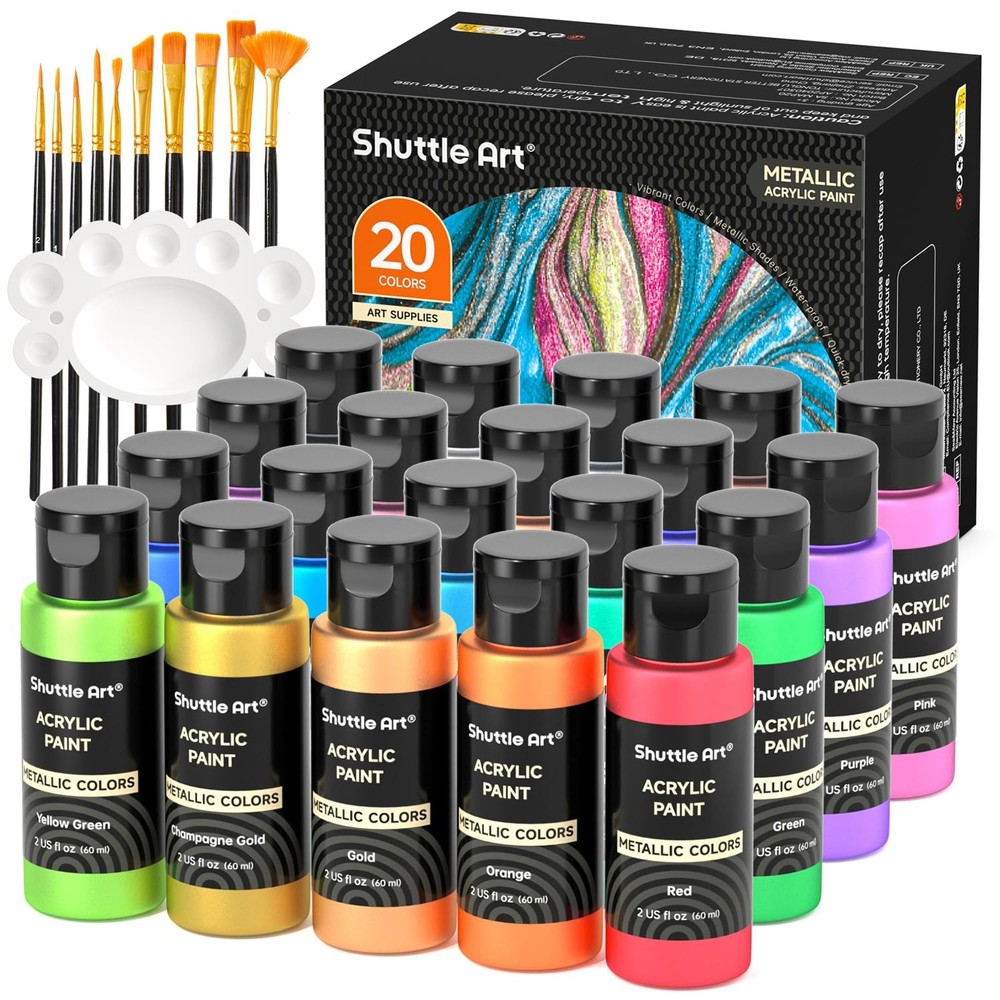 Shuttle Art Metallic Acrylic Paint Set, 20 Colors Metallic Paint in Bottles (60m