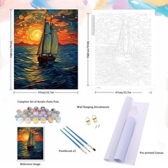 Paint Numbers DIY Adult Canvas Sailboat Sunset Landscape Art Craft Kit 16×20
