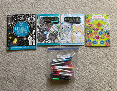 Adult coloring books and misc. markers (all blank pages and working markers)