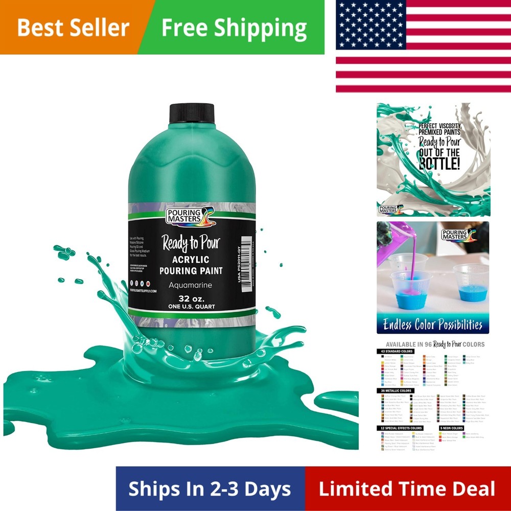 Aquamarine Acrylic Ready to Pour Pouring Paint – 32-Ounce Pre-Mixed Water-Ba…