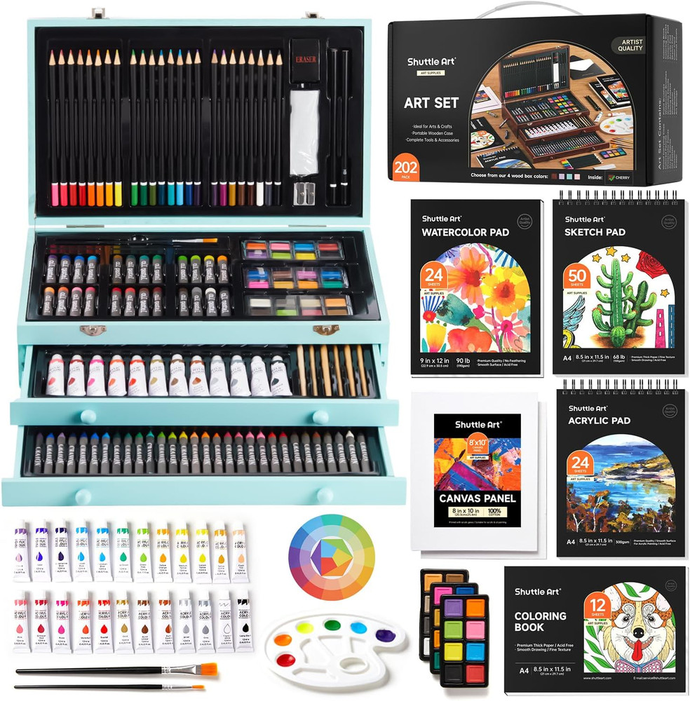 Deluxe Gift Art Kit, 202-Piece Wooden Art Supplies Set with 4 Drawing Pads, Canv