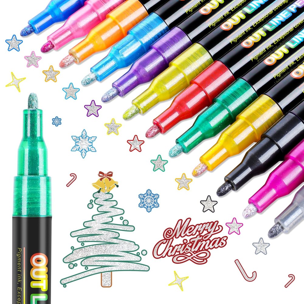 12 Colors Double Line Outline Markers Glitter Metallic Pen Set Art Supplies
