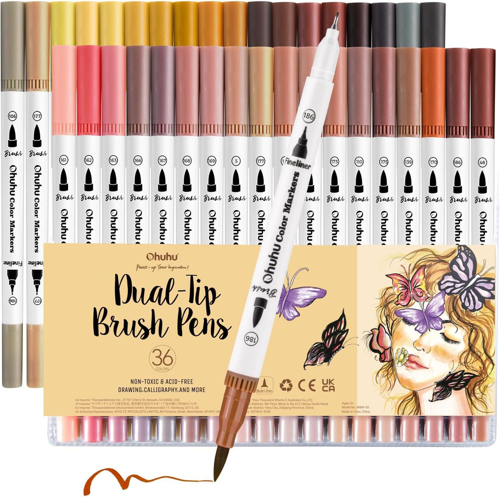 Skin Tone Markers 36 Colors: Dual Tip Brush and Fineliner Markers for Adult Colo