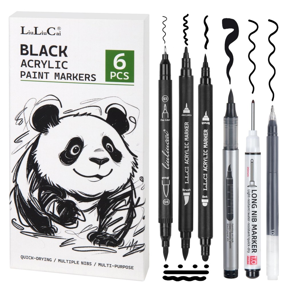 6 Pcs Black Paint Pens– Fine Point Black Gel Pens, Dual-Tip Acrylic Paint Mar…