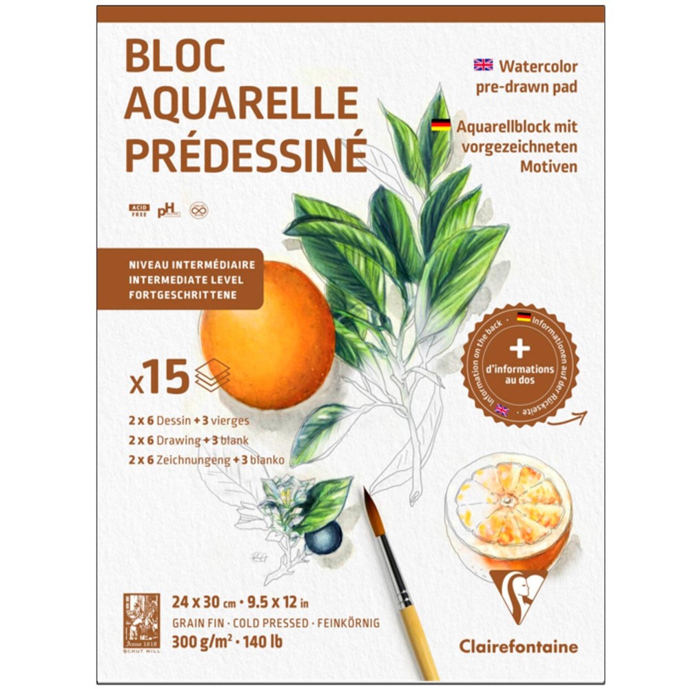 Clairefontaine 24cm x 30cm Pre-Drawn Learning Watercolour Painting Pad BOTANICAL
