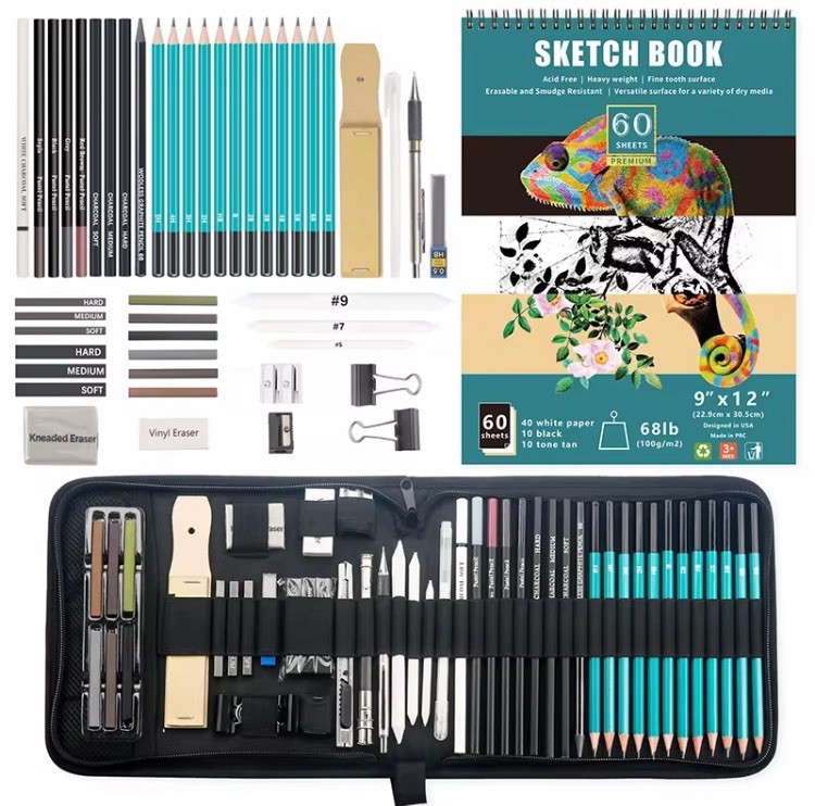 50pc Professional Drawing Artist Kit Pencils Sketch Charcoal Art Set Adults Bag