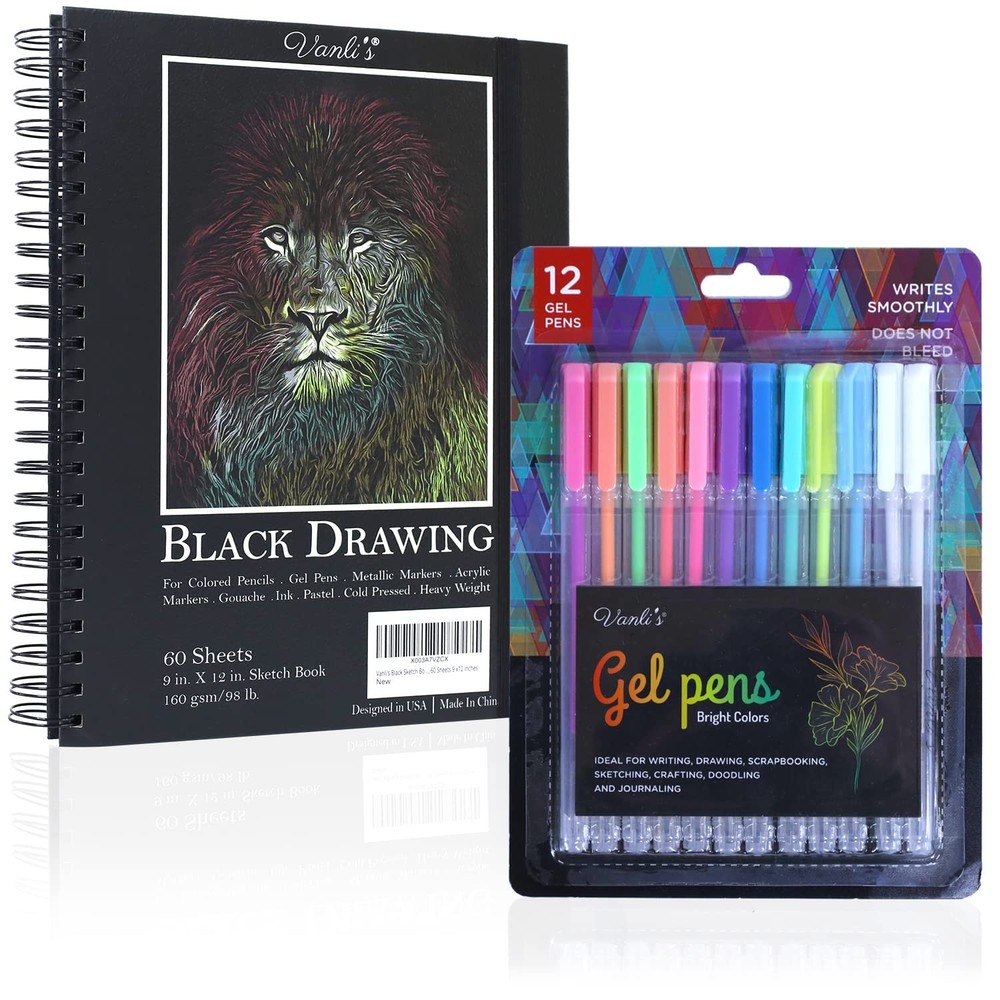 Hardcover Black Paper Sketchbook & 12 Pack Ball Point Gel Pens Set – 2 White …