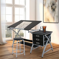 Adjustable Drafting Table Tilted Tabletop Art & Craft Drawing Desk with Stool