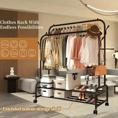 Heavy-Duty Rolling Metal Garment Rack with Dual Bars – Portable Clothes Hanger
