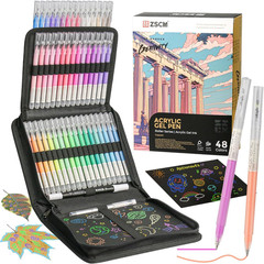 ZSCM 48 Colors 3D Acrylic Gel Pens & Black Paper Sketchbook for Drawing, 1mm Fin