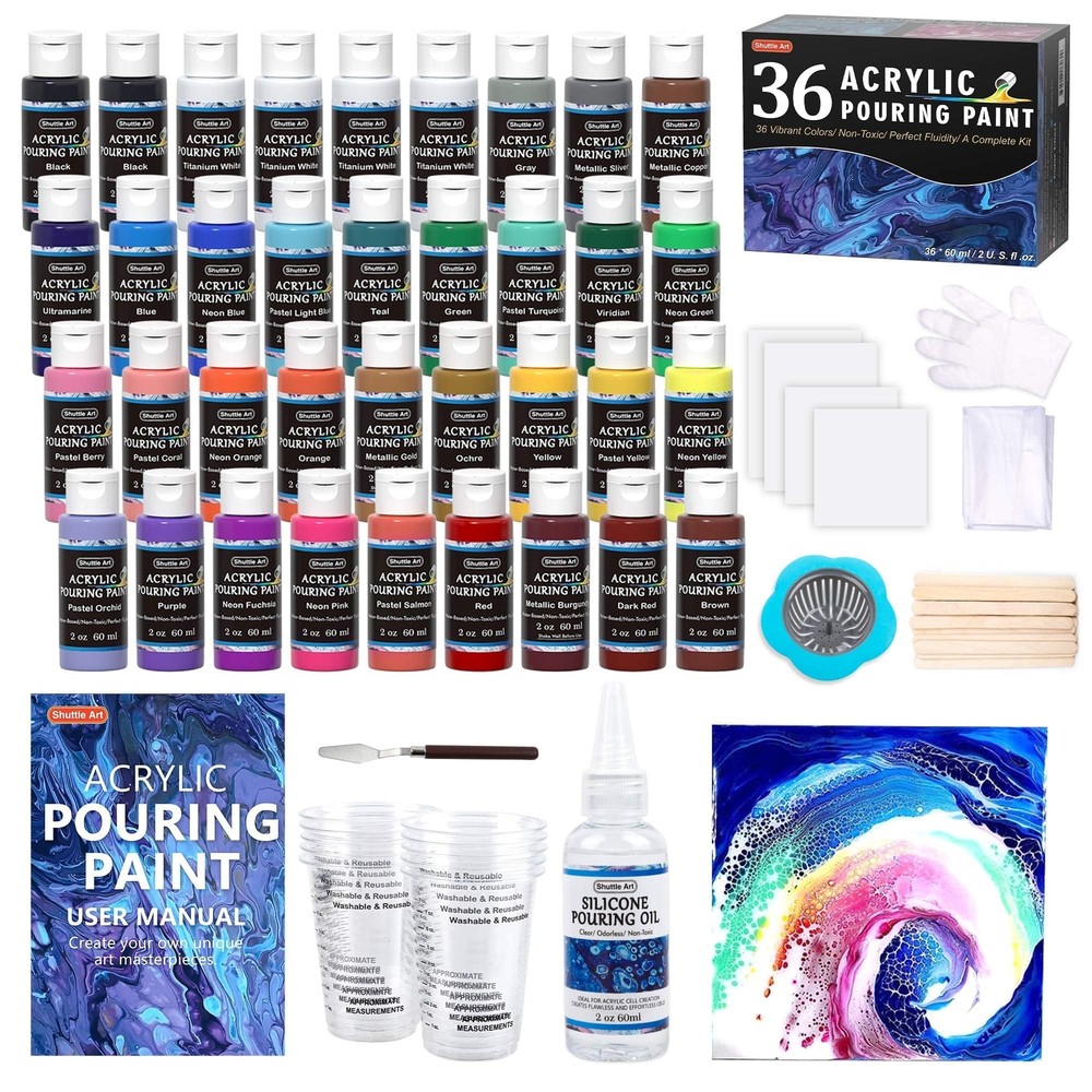 Acrylic Pouring Paint, Set of 36 Bottles (2 oz/60ml) Pre-Mixed High-Flow Acry…