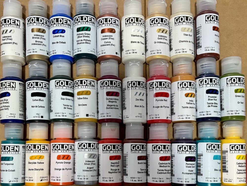 Golden Fluid Acrylics 29 Paint 1oz Bottles NEW Art Colors Painter Canvas Brush