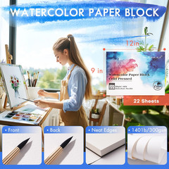 Bloc Papel Acuarela 9x12in 22 Hojas 100 Algodon Cold Press 140lb 300GSM Arte