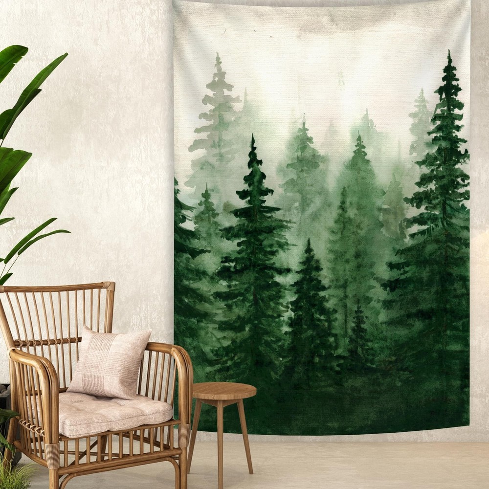Flysea Green Mountain Tapestry Misty Foggy Forest Watercolor Tree Landscape A…